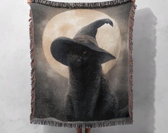 Manta tejida de bruja y gato negro, 100 % algodón, ideal para Halloween, ideal como regalo para un amigo wiccano o para un amante pagano de los gatos.