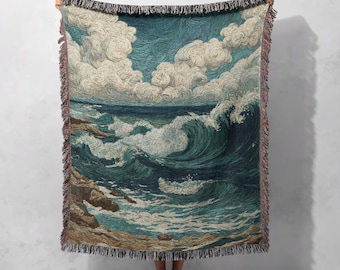 Vintage Ocean Wave geweven deken 100% katoen, zeegezicht kunst deken voor matroos, kust Home Decor geweven deken, cadeau voor natuurliefhebber