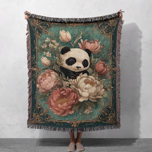 Panda Lover Woven Blanket 100% Cotton, Floral Animal Lover Tapestry, Birthday Gift For Daughter Cotton Blanket, Anniversary Gift For Friend