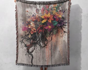 Abstract Floral Woven Blanket 100% Cotton, Colorful Artwork, Bohemian Decor Throw, Modern Accent, Artistic Flower Lover, Nature Design