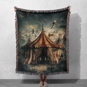 Manta tejida de Halloween de circo espeluznante, 100 % algodón, pasatiempo de arte oscuro, decoración de interés gótico, manta de regalo macabra vintage, artistas esqueletos