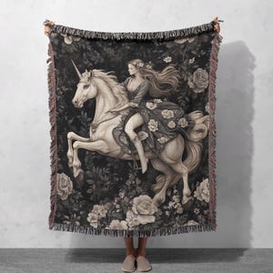 Unicorn Rider Woven Blanket 100% Cotton, Fairytale Fantasy Lover Gift, Mythical Art, Gothic Decor, Romantic Hobby, Dark Academia Aesthetic