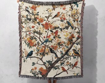 Kleurrijke deken van 100% katoen met vogels en bloemen – Gezellige, op de natuur geïnspireerde woondecoratie, cottagecore wandtapijt