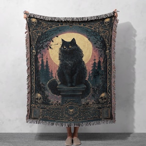 Black Cat Full Moon Woven Blanket 100% Cotton, Ornate Skull Border Throw, Dark Forest Home, Fringed Cat Lover Wall Tapestry, Night Room Gift