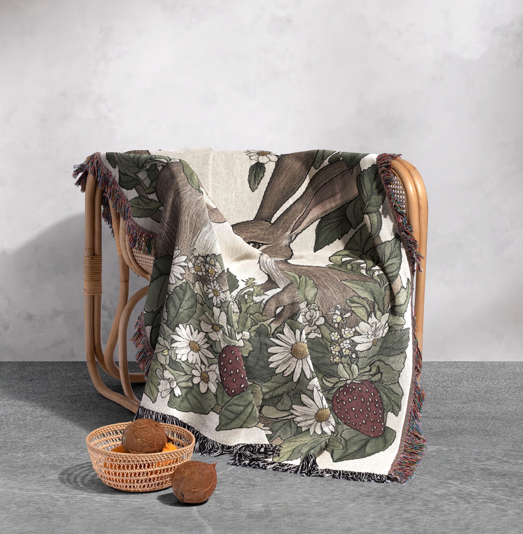 100% Cotton Woven Blanket – Vintage Garden Bunny Tapestry  Vintage Garden Shelf Woven Tapestry Throw Blanket Bunny Floral Green Fringed display picture 1
