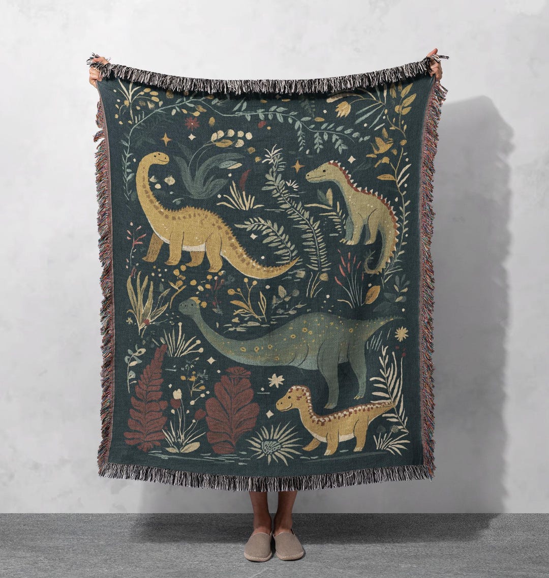 Dinosaur Woven Blanket 100% Cotton - Whimsical Green and Yellow