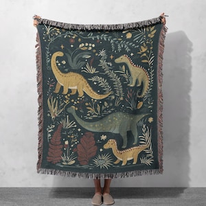 Dinosaur Woven Blanket 100% Cotton - Whimsical Green and Yellow Kids Throw with Prehistoric Theme and Fringe Edges, Cottagecore Tapestry