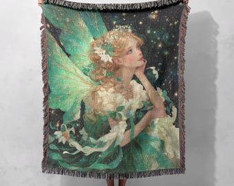 Magical Fairy Woven Blanket 100% Cotton, Enchanted Forest Fantasy Woven Blanket, Dreamy Angelic Wings Woven Blanket, Whimsical Nature Love