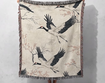 Japoński Żuraw 100% Bawełniany Tkany Koc, Elegancki Ptak Narzuta, Azjatycki Art Tapestry, Minimalistyczny Wystrój Domu