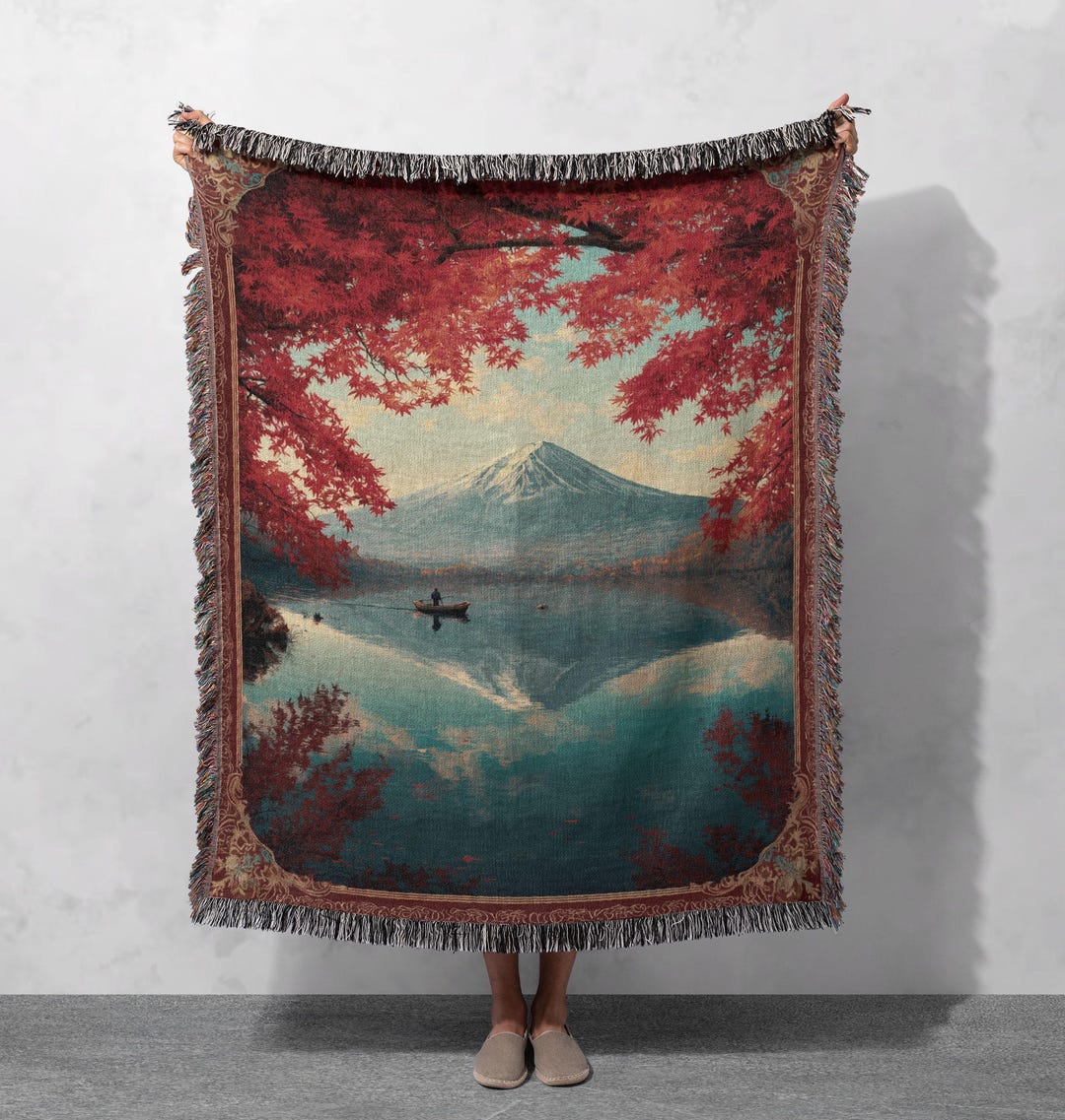 Japanese Art Woven Blanket 100% Cotton, Mount Fuji Throw Blanket