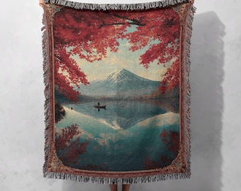 Japanese Art Woven Blanket 100% Cotton, Mount Fuji Throw Blanket