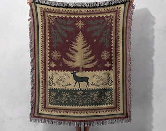 Folk Art Christmas Woven Blanket 100% Cotton, Rustic Reindeer Couch Throw, For Nature Lover Woven Tapestry, Winter Cabin Holiday Bedspread.