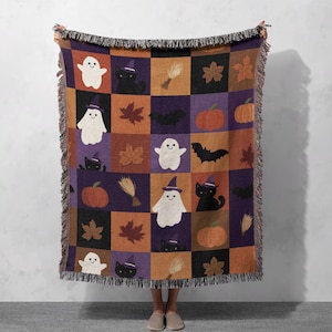Halloween Patchwork Woven Blanket 100% Cotton, Cute Ghost Cat Pumpkin Throw, Autumn Checker Tapestry, Cozy Spooky Fall Decor Gift Kids Room