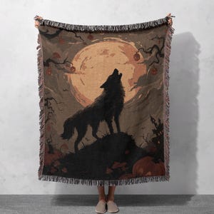 Halloween Wolf Woven Blanket 100% Cotton, Spooky Werewolf Throw Blanket, Gothic Decor Tapestry, Witchy Moon Blanket, Animal Lover Woven