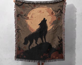 Halloween Wolf Woven Blanket 100% Cotton, Spooky Werewolf Throw Blanket, Gothic Decor Tapestry, Witchy Moon Blanket, Animal Lover Woven