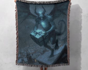 Krampus Christmas Gift Woven Blanket 100% Cotton, Gothic Holiday Decor For Horror Fan, Dark Fantasy Art Throw, Mythical Demon Creature Woven