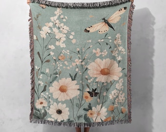 Manta tejida vintage con estampado floral y mariposas, 100% algodón - Acogedora manta estilo boho para decoración del hogar inspirada en la naturaleza, tapiz cottagecore