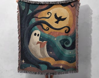 Ghost Reading Book geweven deken 100% katoen, geweven deken boekenliefhebber, bibliothecaris hobby werpdeken, spooky Halloween decor geweven deken