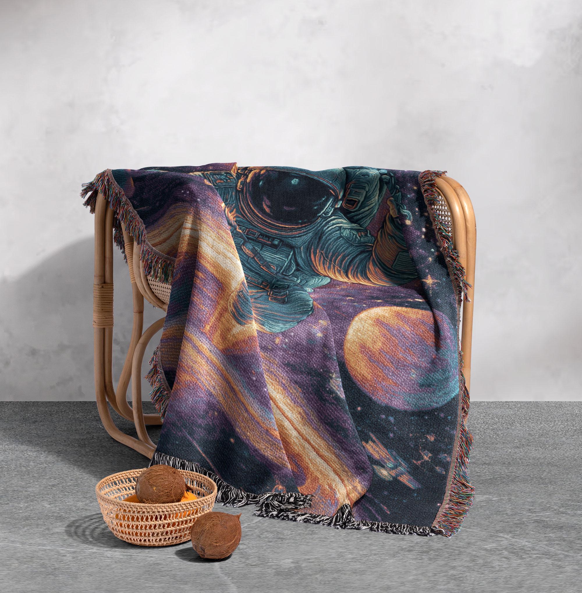 Astronaut Woven Blanket 100% Cotton, Scifi Fan Woven Throw, Space