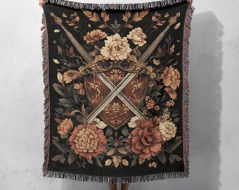 Medieval Crest Woven Blanket – 100% Cotton Tapestry Throw with Swords & Floral Shield, Dark Fantasy Gothic Home Decor