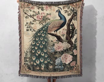 Elegant Peacock Woven Blanket 100% Cotton with Vintage Floral Design for Luxury Home Decor, Cottagecore Tapestry