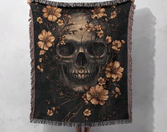 Floral Skull 100% Cotton Woven Blanket, Gothic Skeleton Tapestry, Dark Aesthetic Throw, Macabre Home Decor
