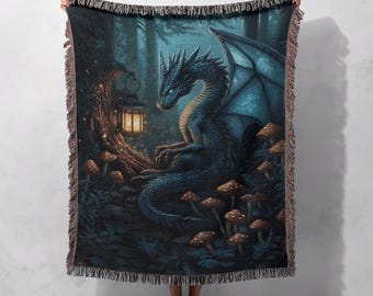 Mystical Forest Dragon 100% Cotton Woven Blanket, Fantasy Tapestry Throw, Enchanted Creature Decor