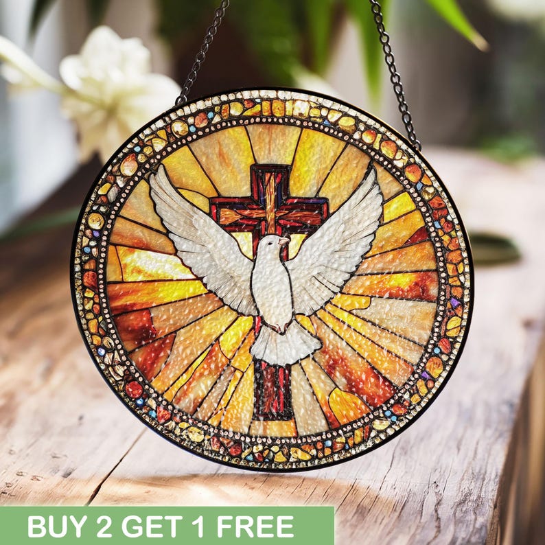 Christian Holy Spirit Stained Glass Art, Dove Cross Window Hanging ...