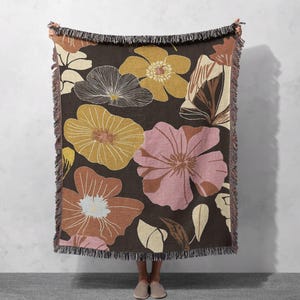 Bold Floral Woven Blanket 100% Cotton - Vibrant Bohemian Home Decor Throw, Cottagecore Tapestry
