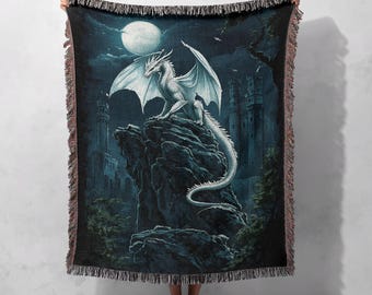 Moonlit Ice Dragon 100% Cotton Woven Blanket, Fantasy Gothic Throw, Mystical Dragon Tapestry, Dark Fantasy Gift