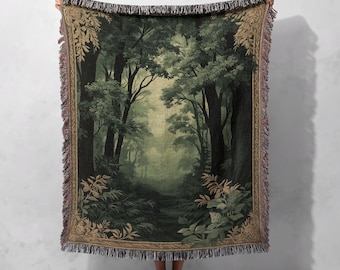 Enchanted Forest Woven Blanket 100% Cotton with Scenic Woodland Design for Cozy Home Decor, Cottagecore Tapestry