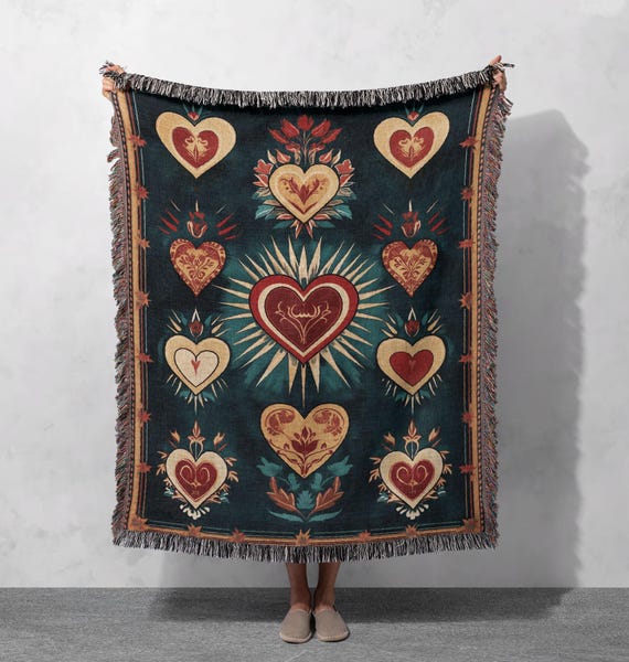 Sacred Heart Woven Blanket – Vintage Folk Art Inspired Tapestry