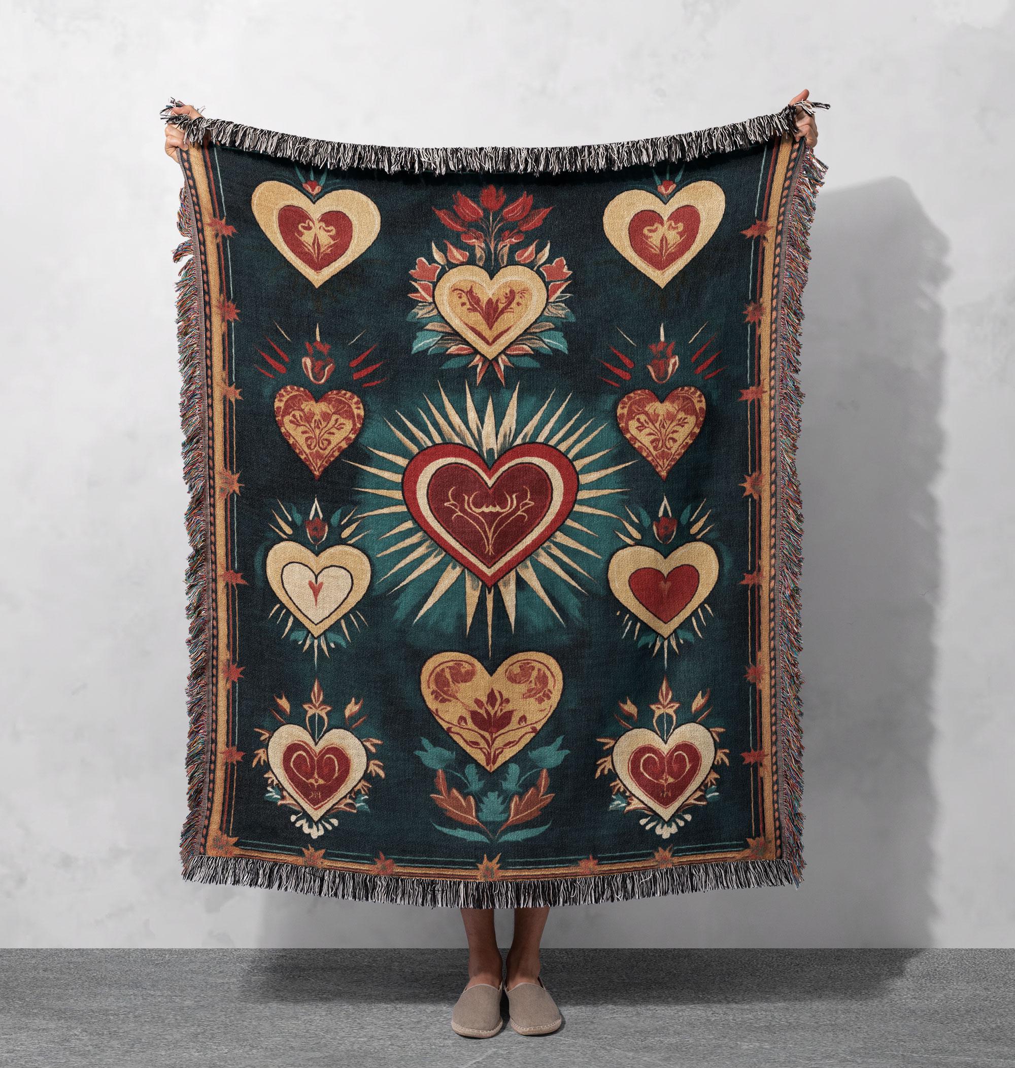 Sacred Heart Woven Blanket – Vintage Folk Art Inspired Tapestry