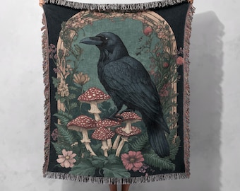 100% Cotton Raven Woven Blanket, Gothic Cottagecore Tapestry, Dark Forest Throw, Mystical Crow Decor, Vintage Witchy Blanket