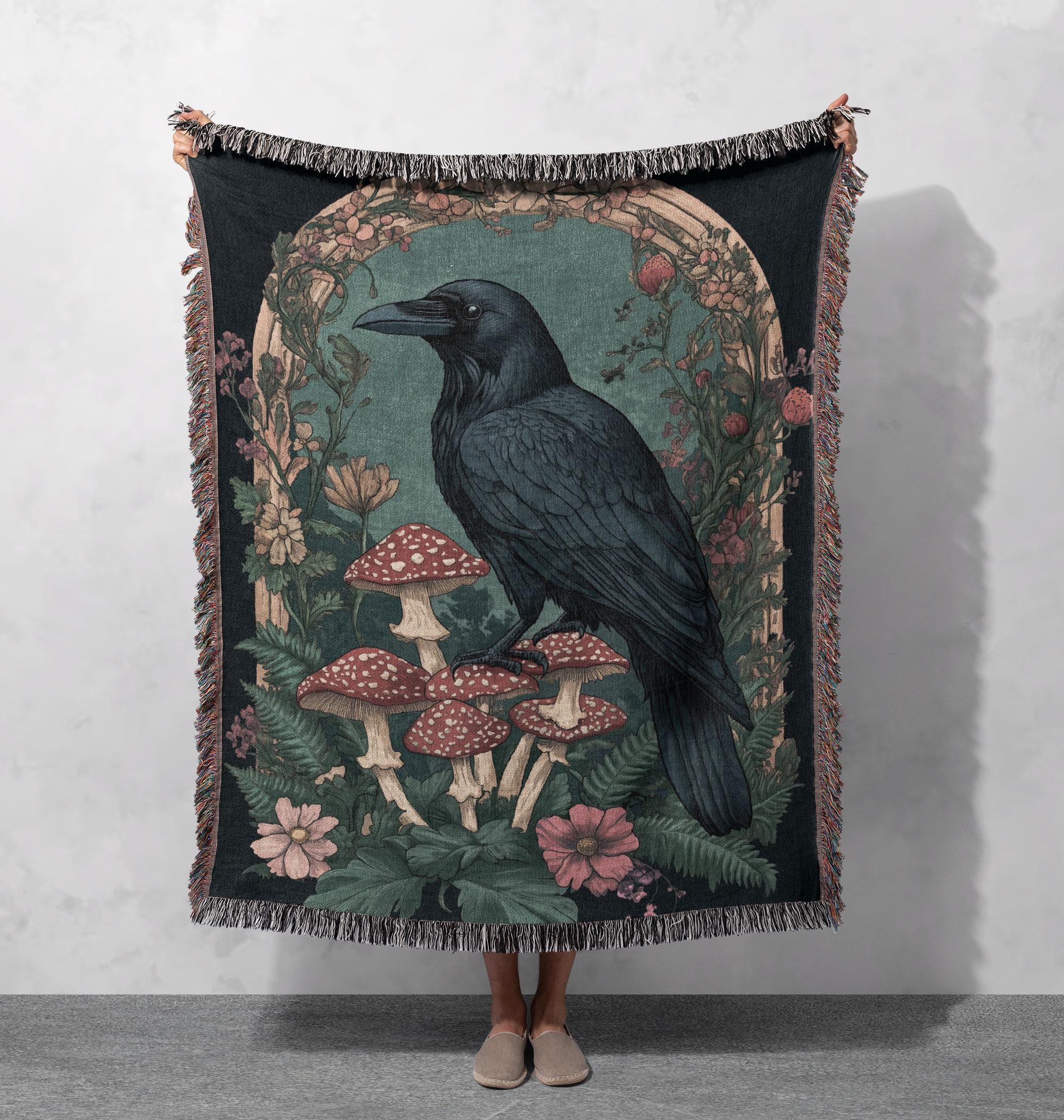 その他 CROWBED 20260705 GOATBED CROW 100% Cotton Raven Woven Blanket, Gothic Cottagecore Tapestry, Dark