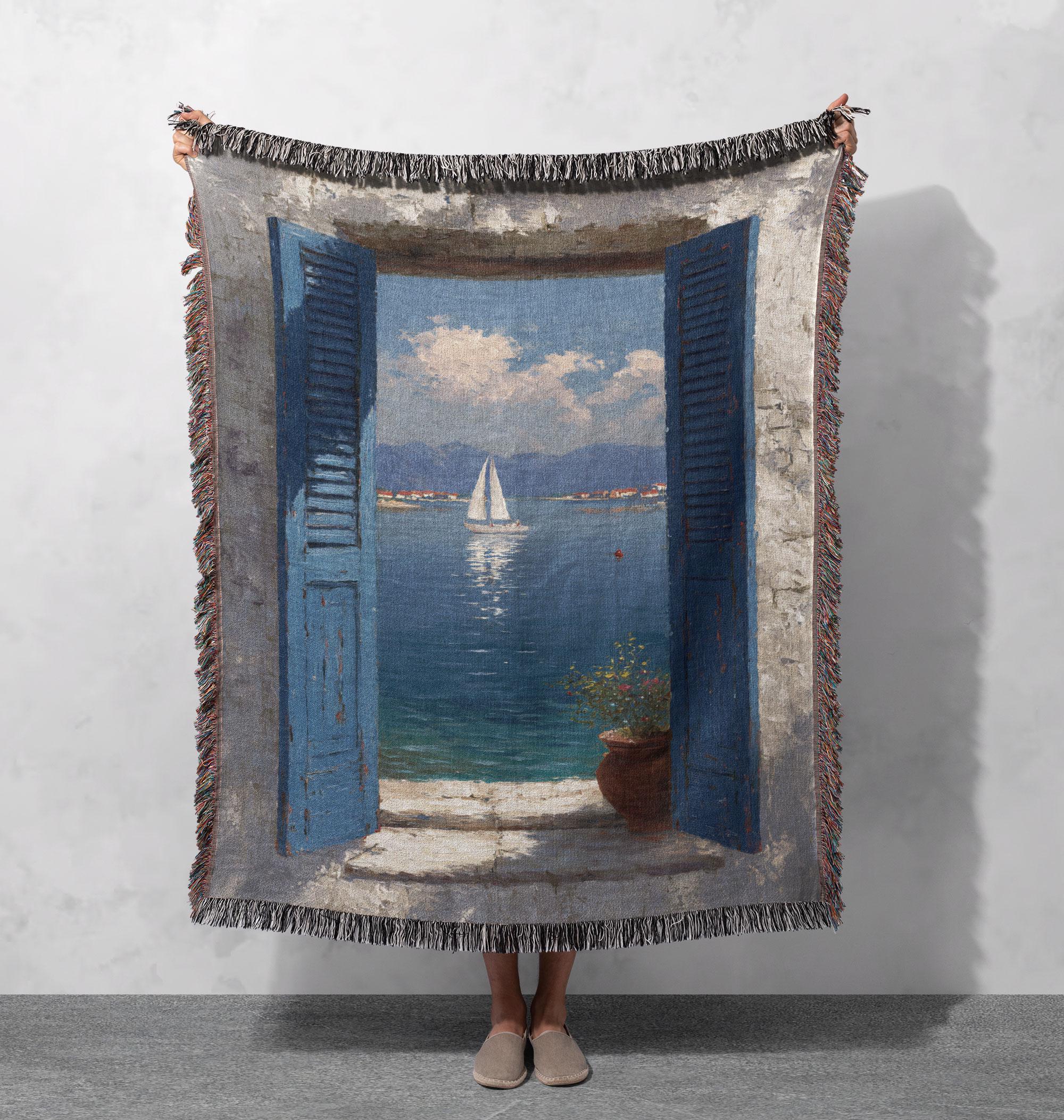 Blue Window Sea View Woven Blanket 100% Cotton, Coastal Sailboat