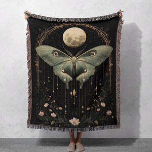 Lunar Moth Woven Blanket 100% Cotton - Moon and Nature-Inspired Art Throw for Cozy Home Decor, Cottagecore Tapestry