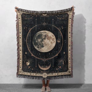 100% Cotton Moon Phase Woven Blanket, Celestial Tapestry, Cosmic Lunar Throw, Mystical Space Decor, Astrology-Inspired Blanket