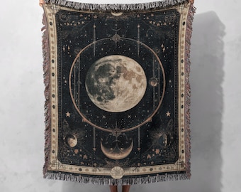 Gewebte Mondphasen-Decke aus 100 % Baumwolle, himmlischer Wandteppich, kosmische Monddecke, mystische Weltraumdekoration, astrologisch inspirierte Decke