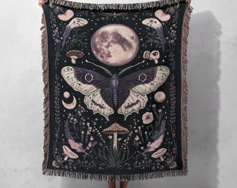 100% Cotton Mystical Moth Woven Blanket, Lunar Moth Tapestry, Gothic Nature Decor