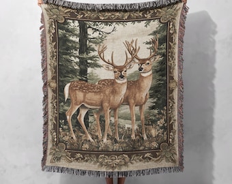 Rustikale Hirsch Paar Webdecke 100% Baumwolle für Naturbezogene Wohnkultur und gemütliche Geschenke, Cottagecore Wandteppich