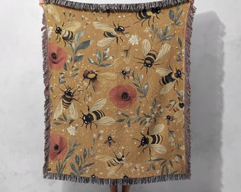 Bumblebee and Poppy Woven Blanket 100% Cotton with Yellow Floral Design, Cottagecore Tapestry