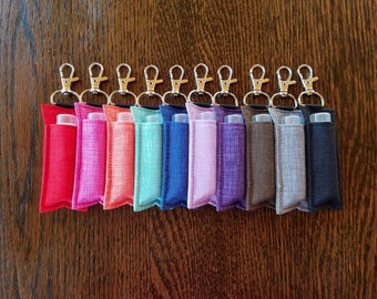 clip-on fabric chapstick lip balm holder cozy cozie case clip on keychain pouch handmade gift school spirit solid simple