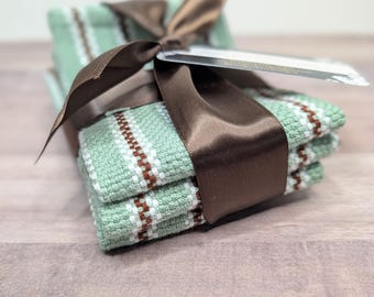 Handwoven Cotton Dishcloth and Dishtowels: Sage Green & Copper Kitchen Linens
