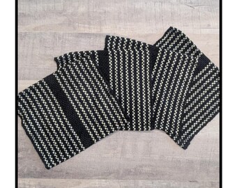 Farmhouse Coasters: Black & Ivory Woven Cotton Linen Mug Mats, Set of 4