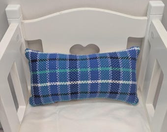 Handwoven Doll Pillow: Blue, White, Plaid, Fits 18-inch Doll Cradle