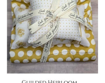 Doll Quilt: Pink and Gold, Floral, Cotton Sateen, Freeform Quilting, 18 inch doll, Reversible