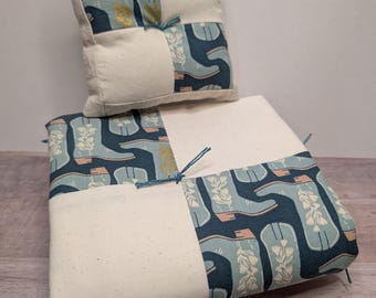 Handmade Doll Quilt - Patchwork, Teal, Aqua, Pink, Cowgirl, Farmer, Boots