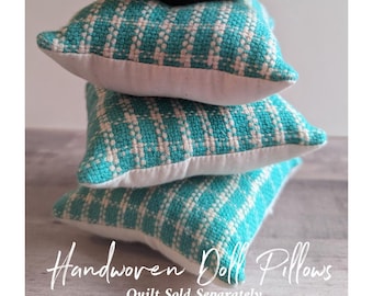 Handwoven Doll Pillow, Tufted Plaid Bedding, Turquoise & Ivory