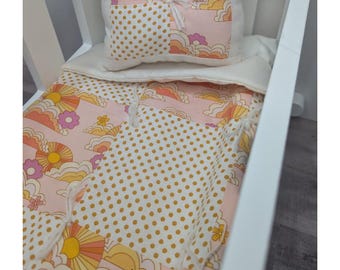 Handmade Doll Quilt: Pink Rainbow Patchwork Bedding for 18-inch Dolls